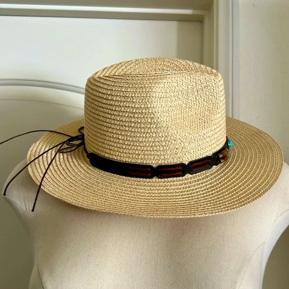 New~Unisex / Straw Hat With Turquoise Stone Detail - Picture 5 of 10